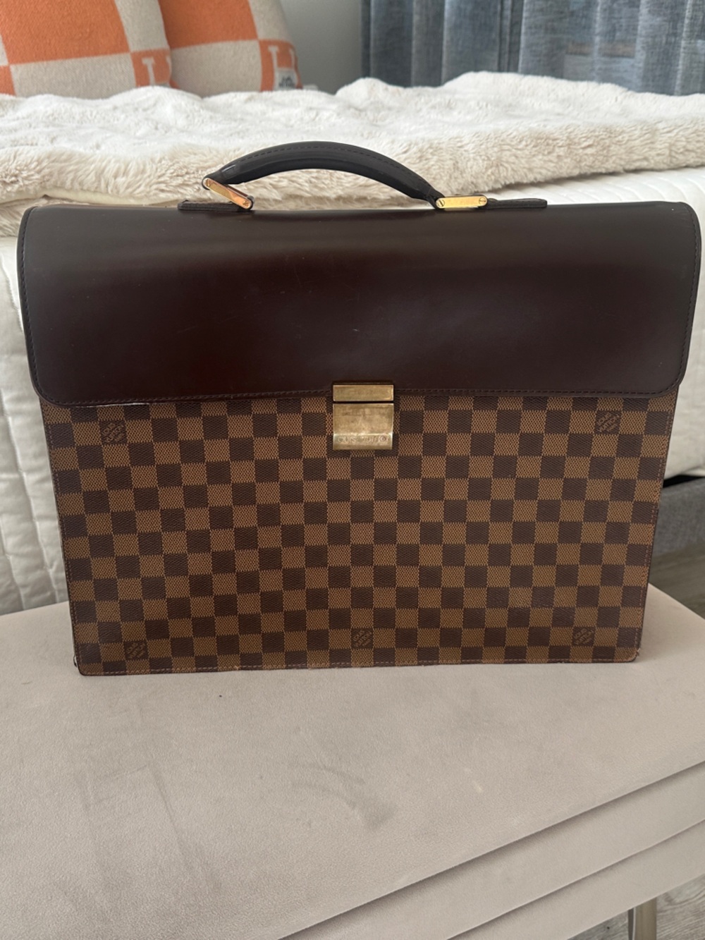 Louis Vuitton Damier Ebene Altona Briefcase with Dark Brown Leather.